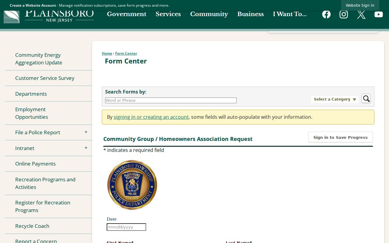 Plainsboro Township neighbors community group and HOA request form