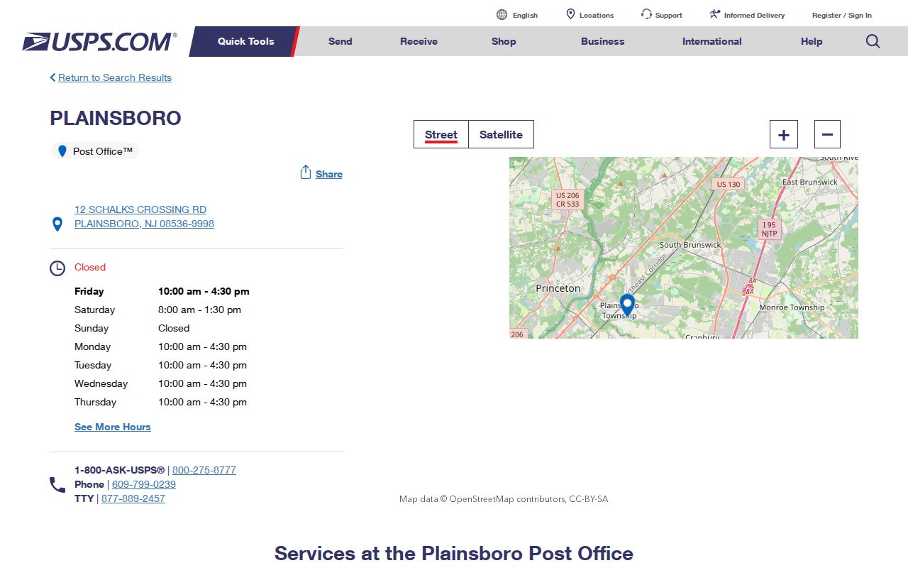 Plainsboro Township ZIP code directory showing the Plainsboro Post Office